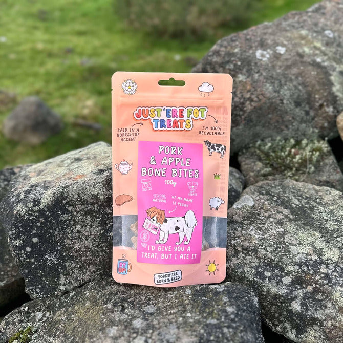 Packaged dog treats labeled 'Just For Fun Treats' on a stone surface with grass in the background. Pork and apple bone bites.
