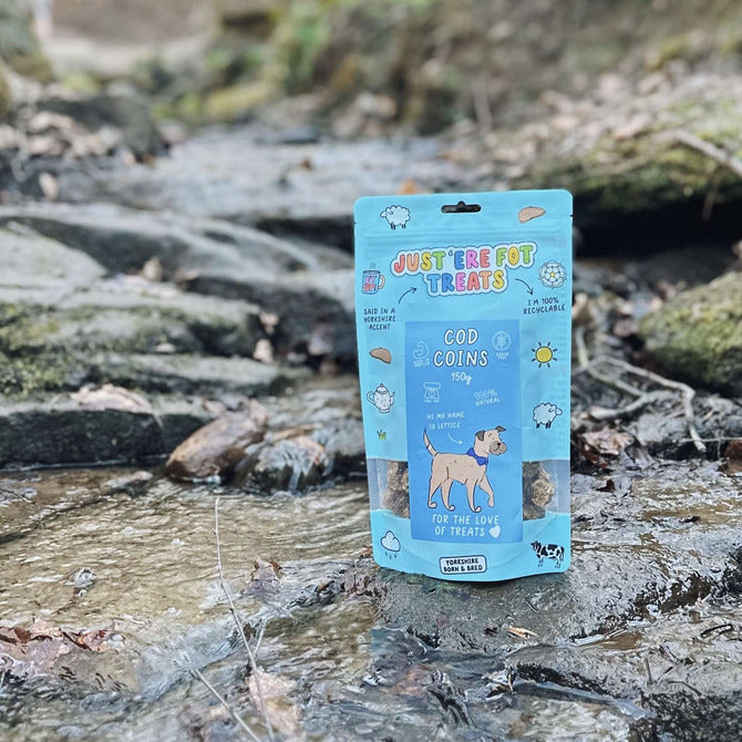 Front view of a packet/ pouch of 'Just'ere for treats' natural cod coins on a wet riverbed background