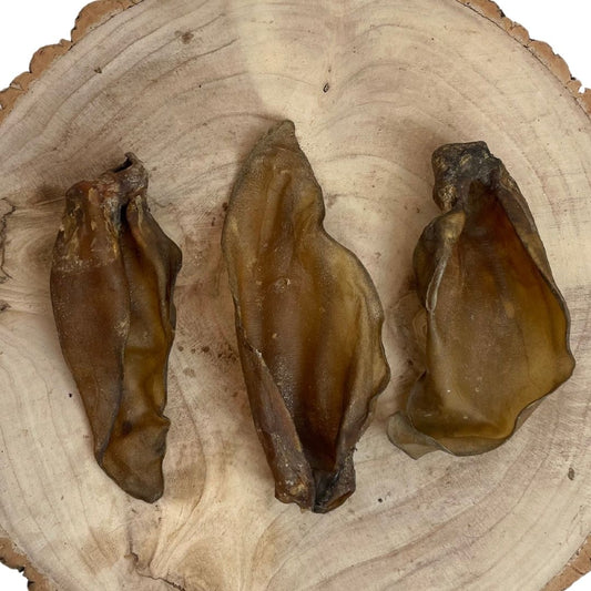 All Natural dried pig ears on a wooden background 