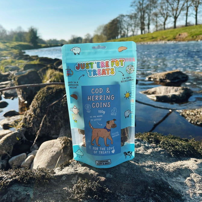 Front view of a packet/ pouch of 'Just'ere for treats' natural cod and herring coins on a wet riverbed background with a grass bank and trees in the far backround