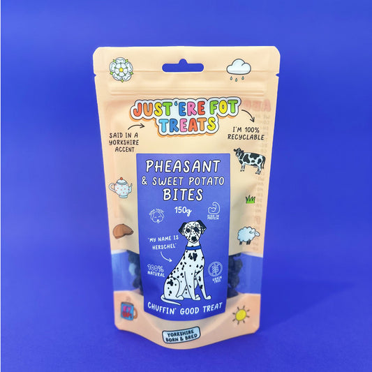Dog treat package labeled 'Just 'Erre Pot Treats' on a blue background. All natural Pheasant and sweet potato bites
