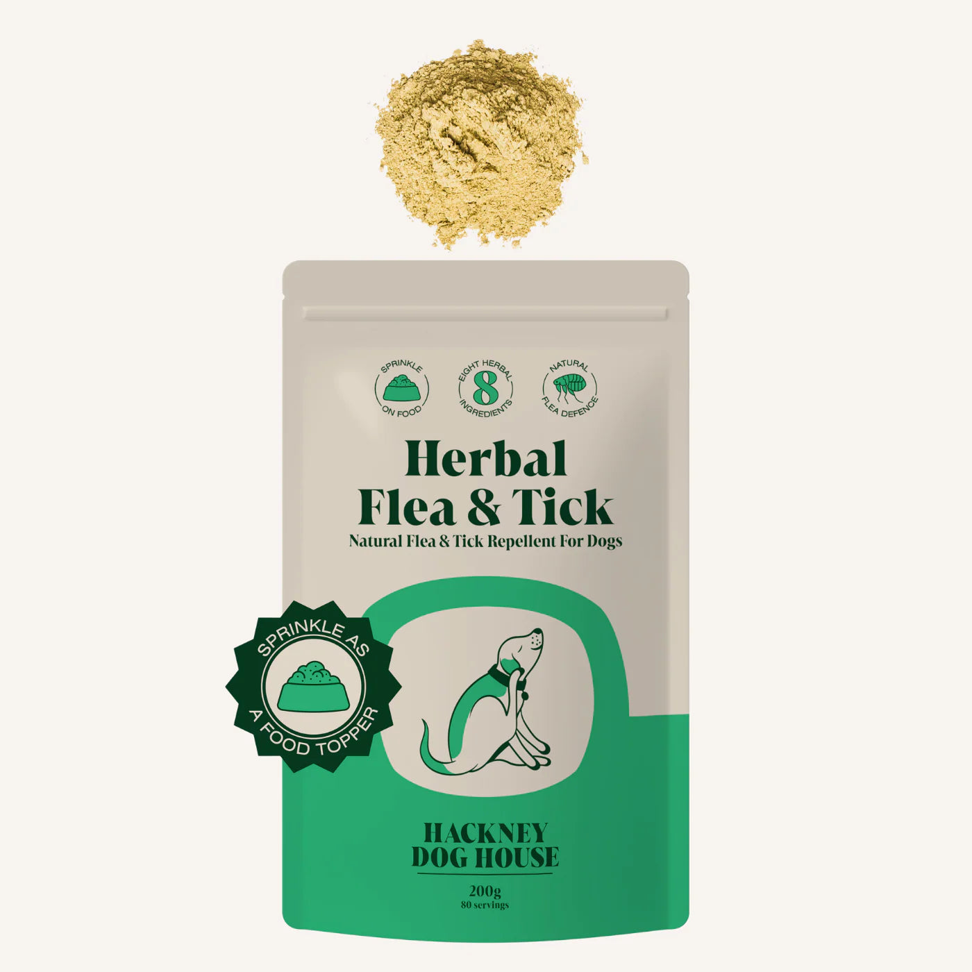 Front view of a packet/pouch of an all natural herbal flea & tick repellent powder with an exapmle of the powder in a heap above on a white background 