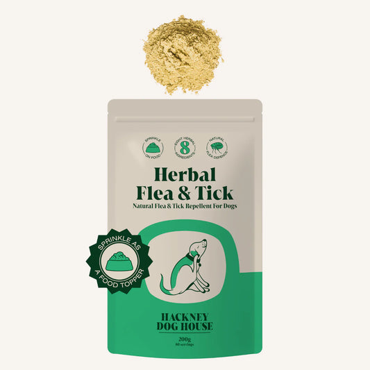 Front view of a packet/pouch of an all natural herbal flea & tick repellent powder with an exapmle of the powder in a heap above on a white background 