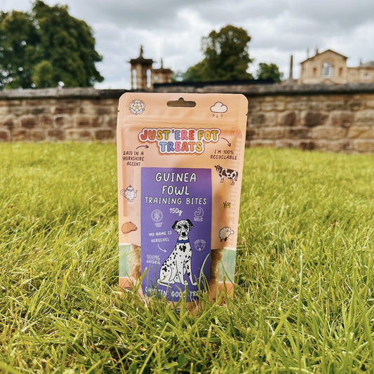 Front view of packet/ pouch of 'just'ere for treats' natural guinea fowl training bites on a grass lawn with a brickwall behind with buildings, trees and blue skies behind 