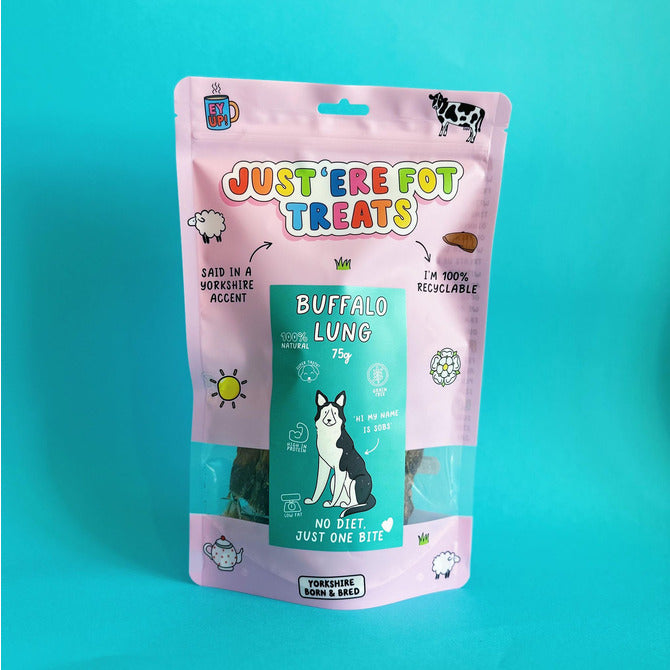 Front view of a packet/ pouch of 'Just'ere for treats' buffalo lung on a plain background