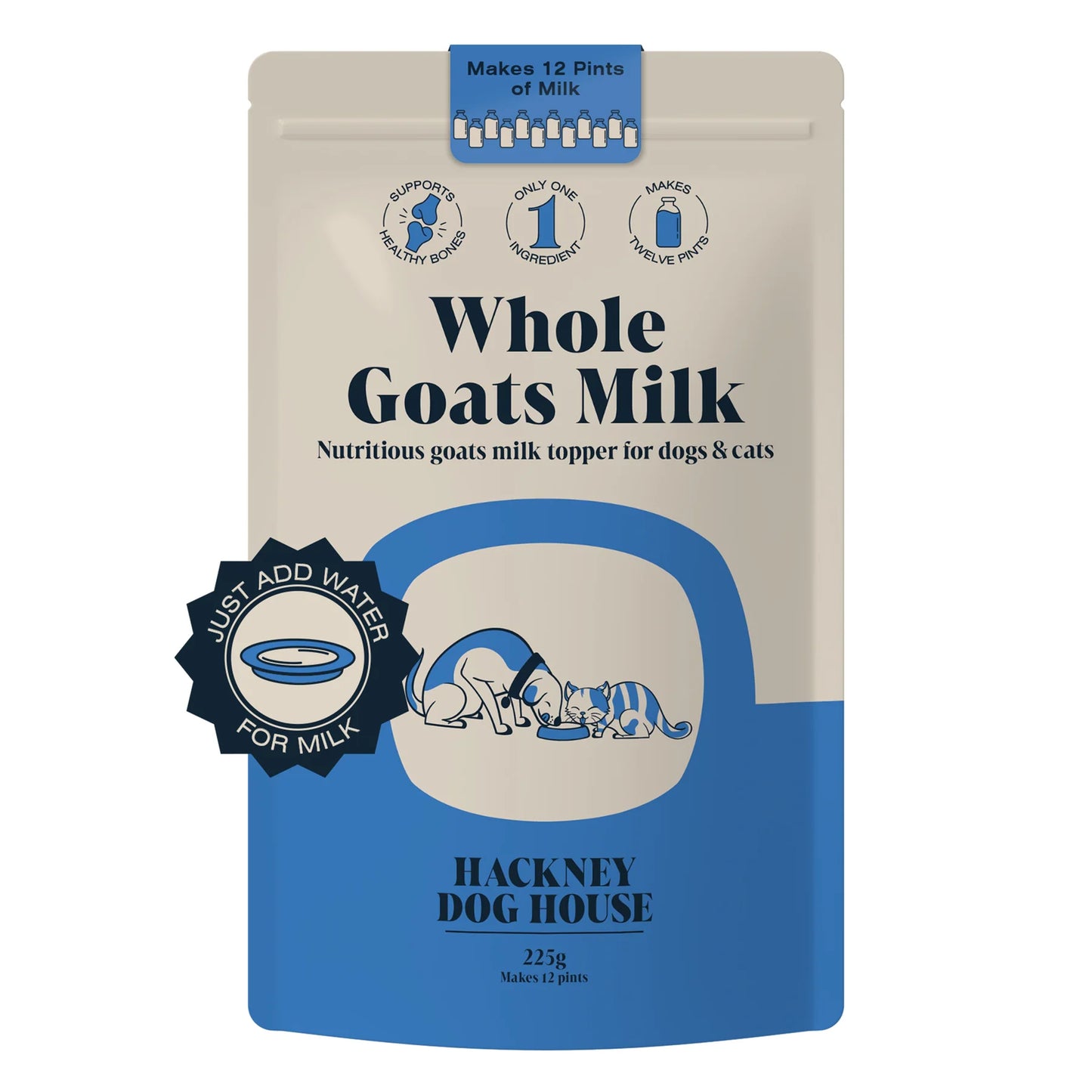 Front view o a packet/ pouch of an all natural whole goats milk powder for dogs and cats. 