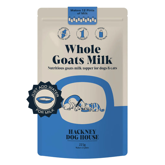 Front view o a packet/ pouch of an all natural whole goats milk powder for dogs and cats. 