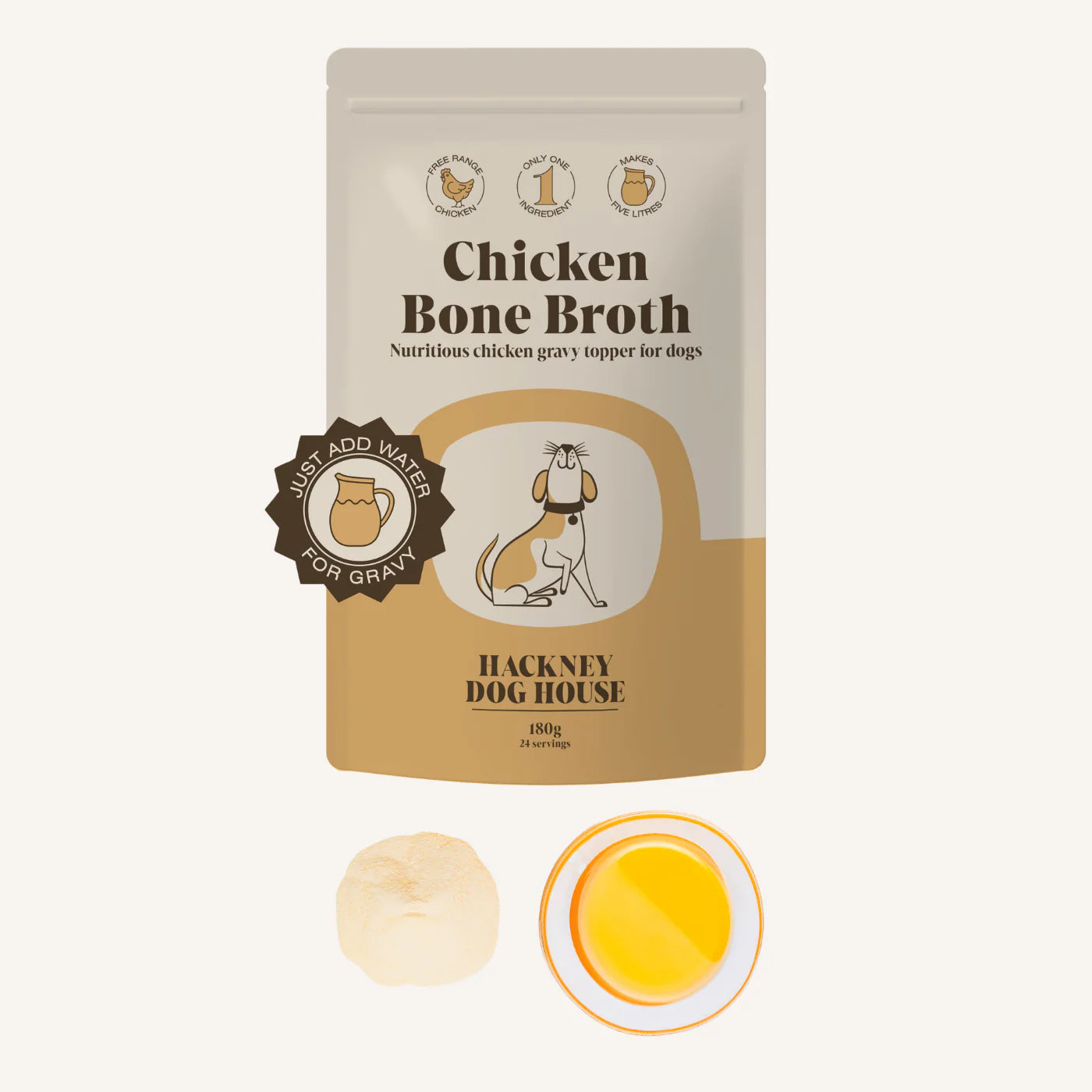 Front view of a packet/ pouch of natural chicken bone broth powder to make gravy topper for dogs. On a white background with the powder shown in a heap below and what the gravy looks like in a circle. 