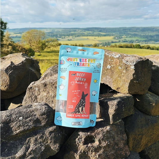 Front view of a packet/ pouch of 'Just'ere for treats' natural beef jerky pack of 4 on a old stone wall with an english countryside background