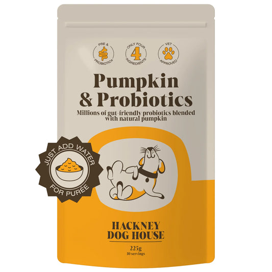 Front view of a packet/ pouch of natural pumkin and probiotics powder to make a puree for dogs on a plain white background