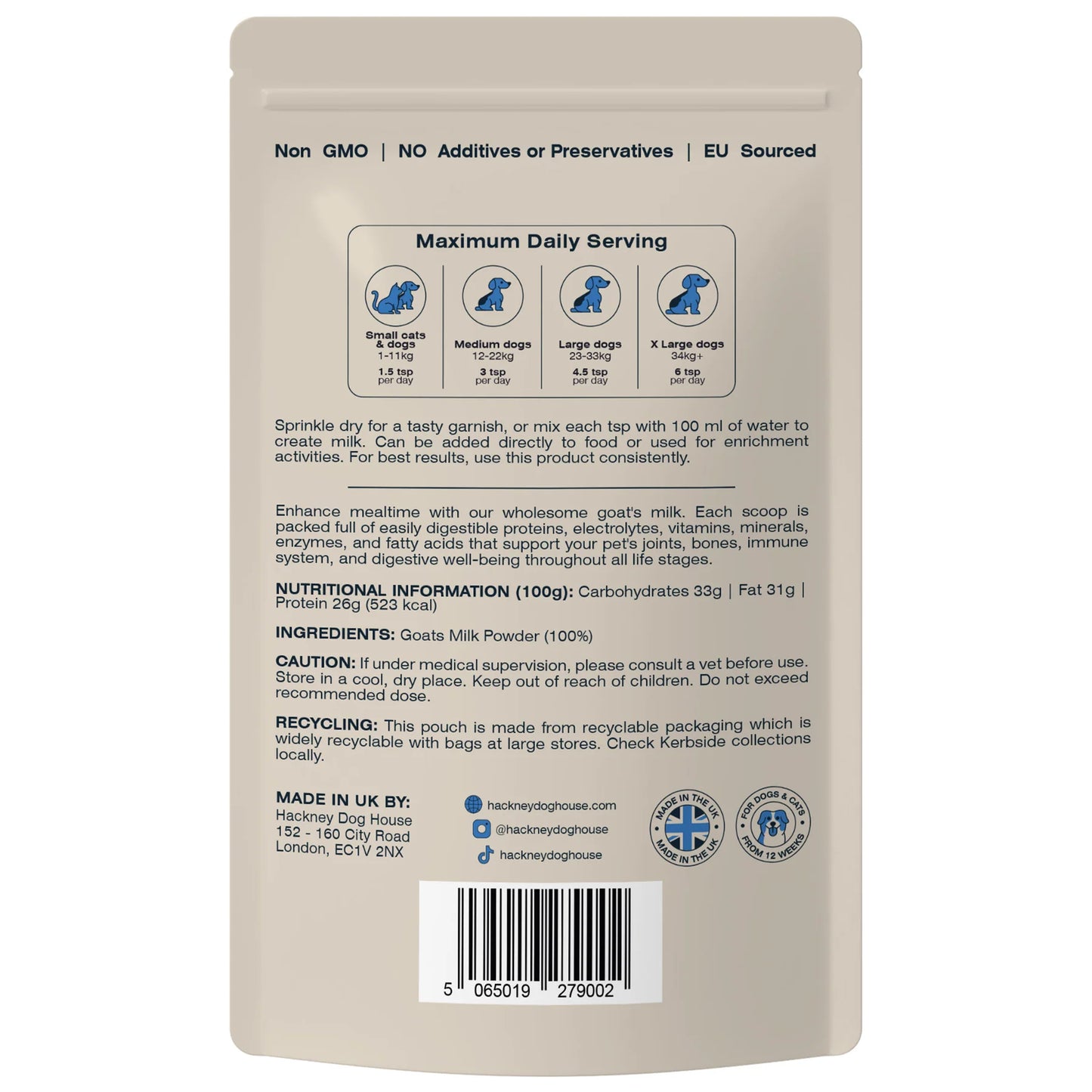 Rear view o a packet/ pouch of an all natural whole goats milk powder for dogs and cats. 