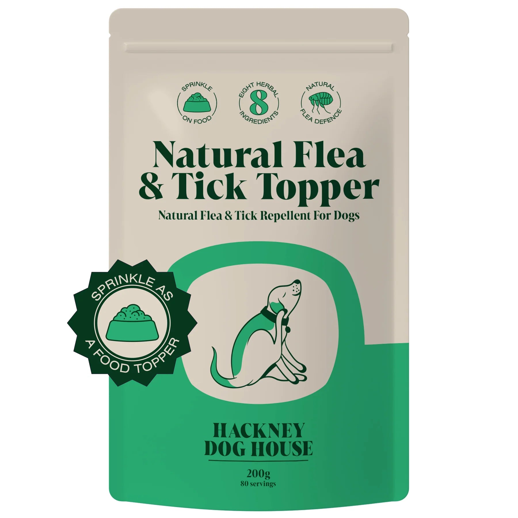 Front view of a packet/pouch of an all natural herbal flea & tick repellent powder on a white background 