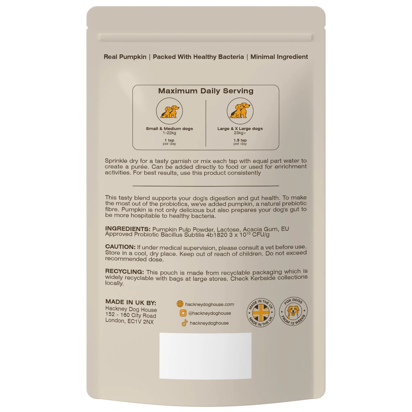 Rear view of a packet/ pouch of natural pumkin and probiotics powder to make a puree for dogs on a plain white background