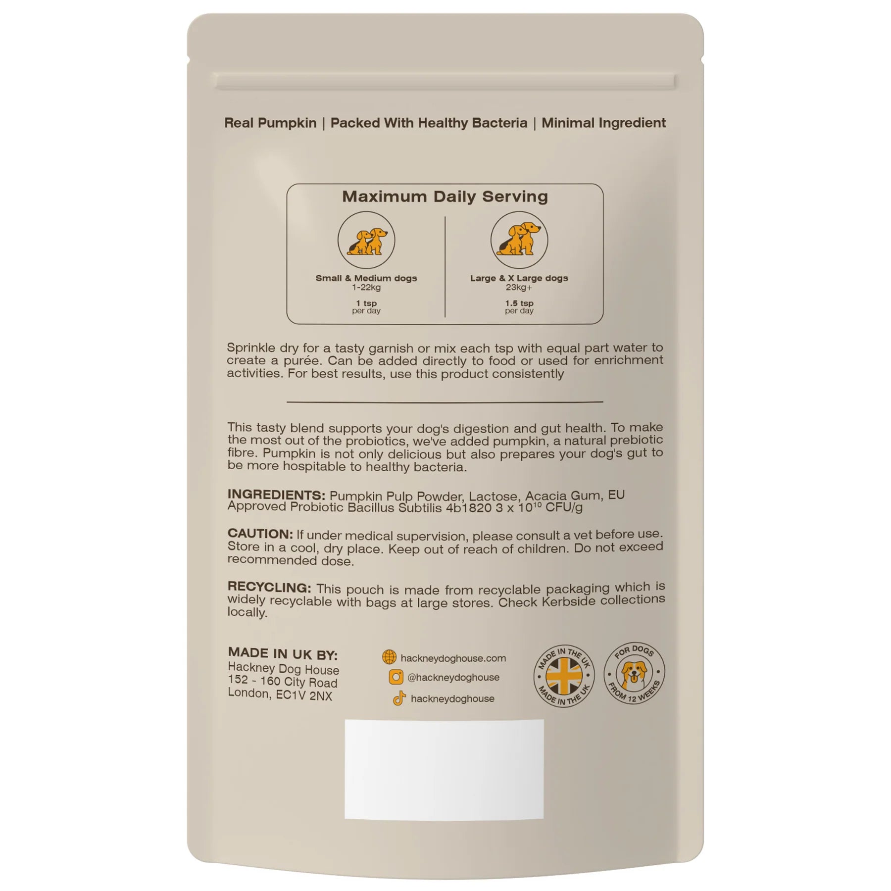 Rear view of a packet/ pouch of natural pumkin and probiotics powder to make a puree for dogs on a plain white background