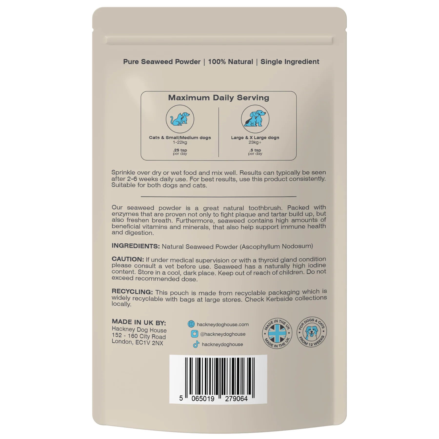 Rear of a bag of all natural seaweed Plaque Powder on a white background 