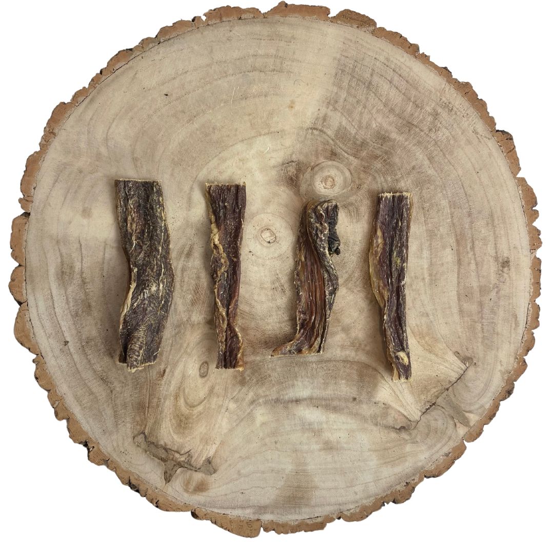 All natural dried Buffalo flat gullet on a wooden background