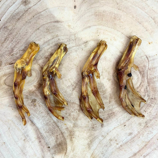 Four all natural dried duck feet on a wooden background