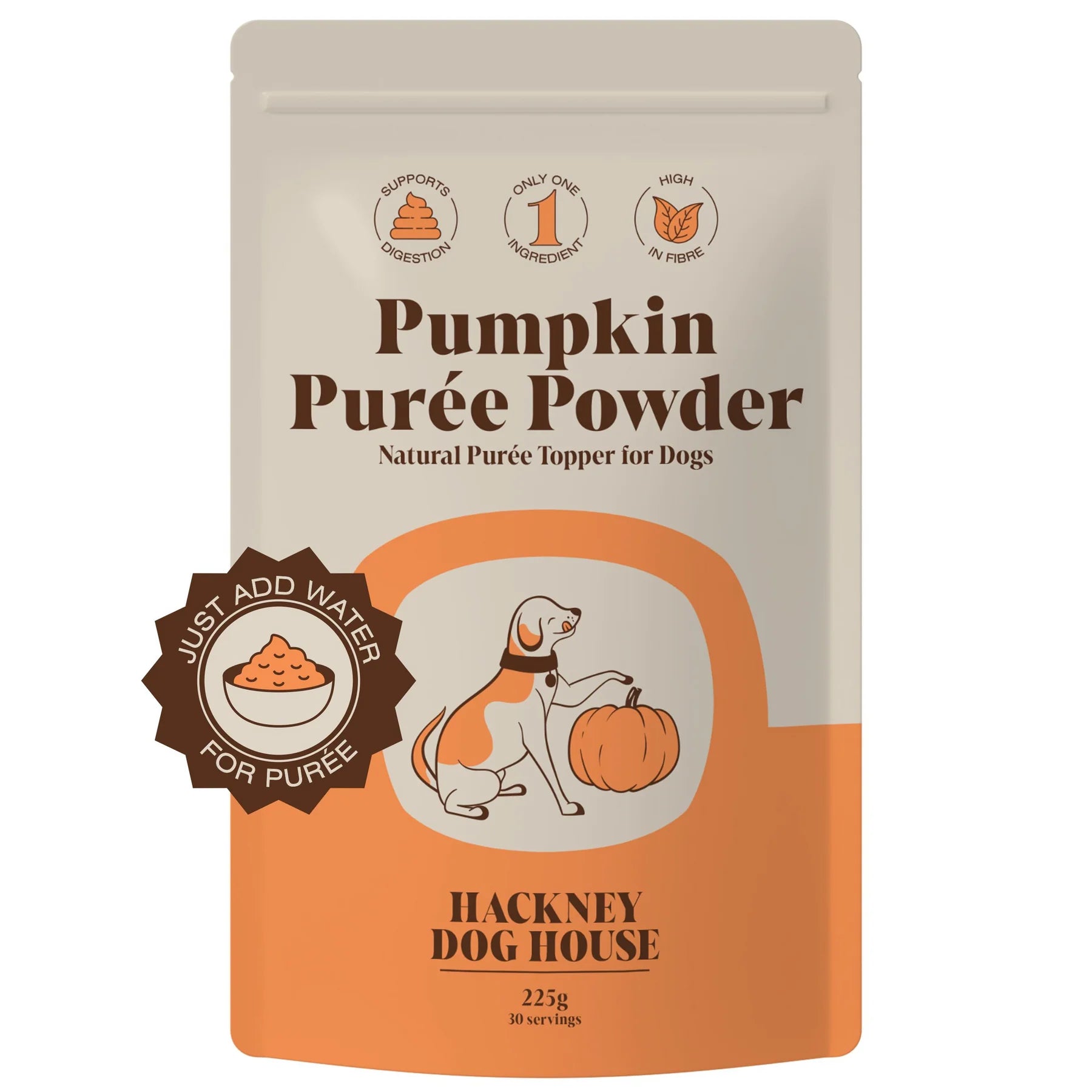 Front view of a packet/pouch of all natural pumkin puree powder for dogs on a plain white background