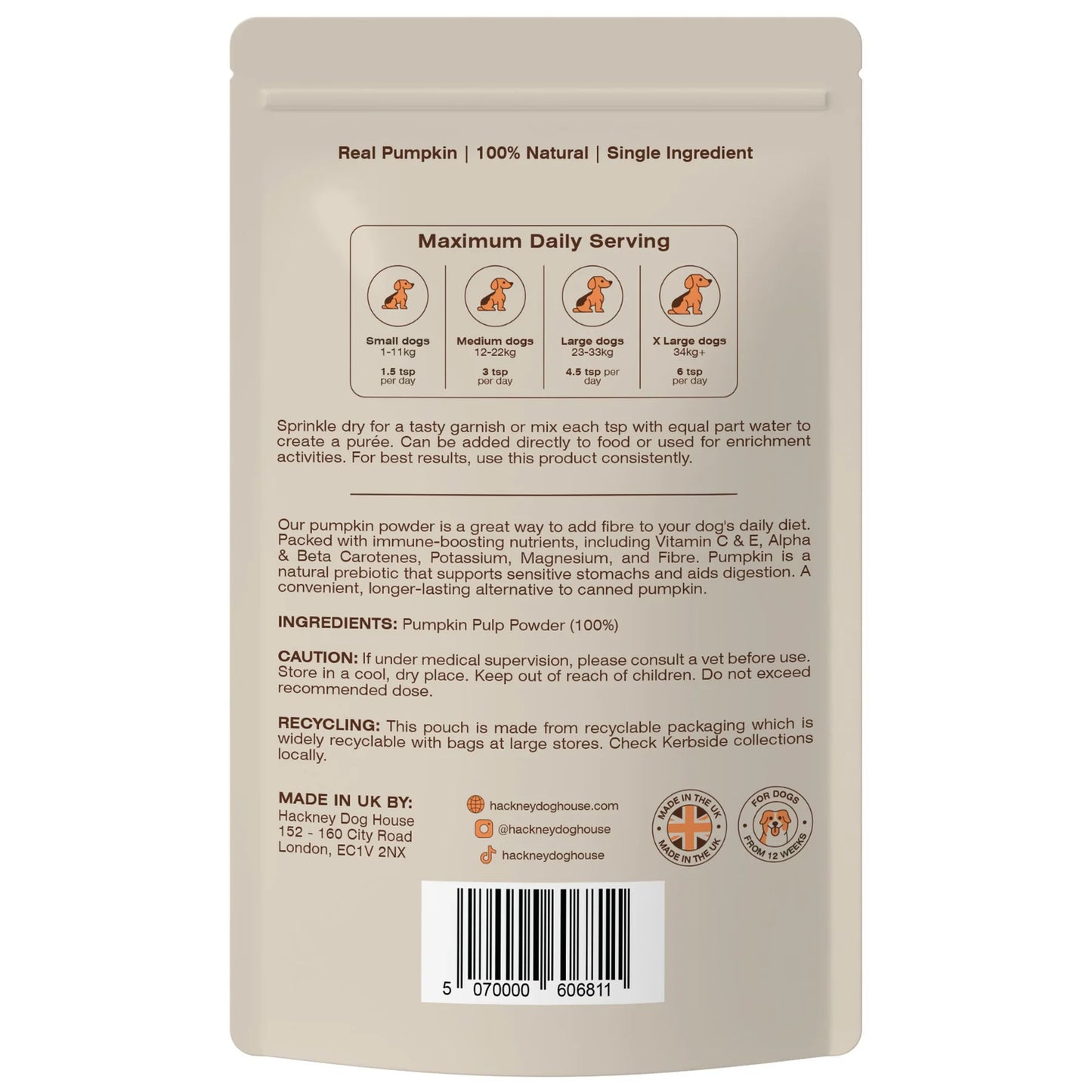 Rear view of a packet/pouch of all natural pumkin puree powder for dogs on a plain white background