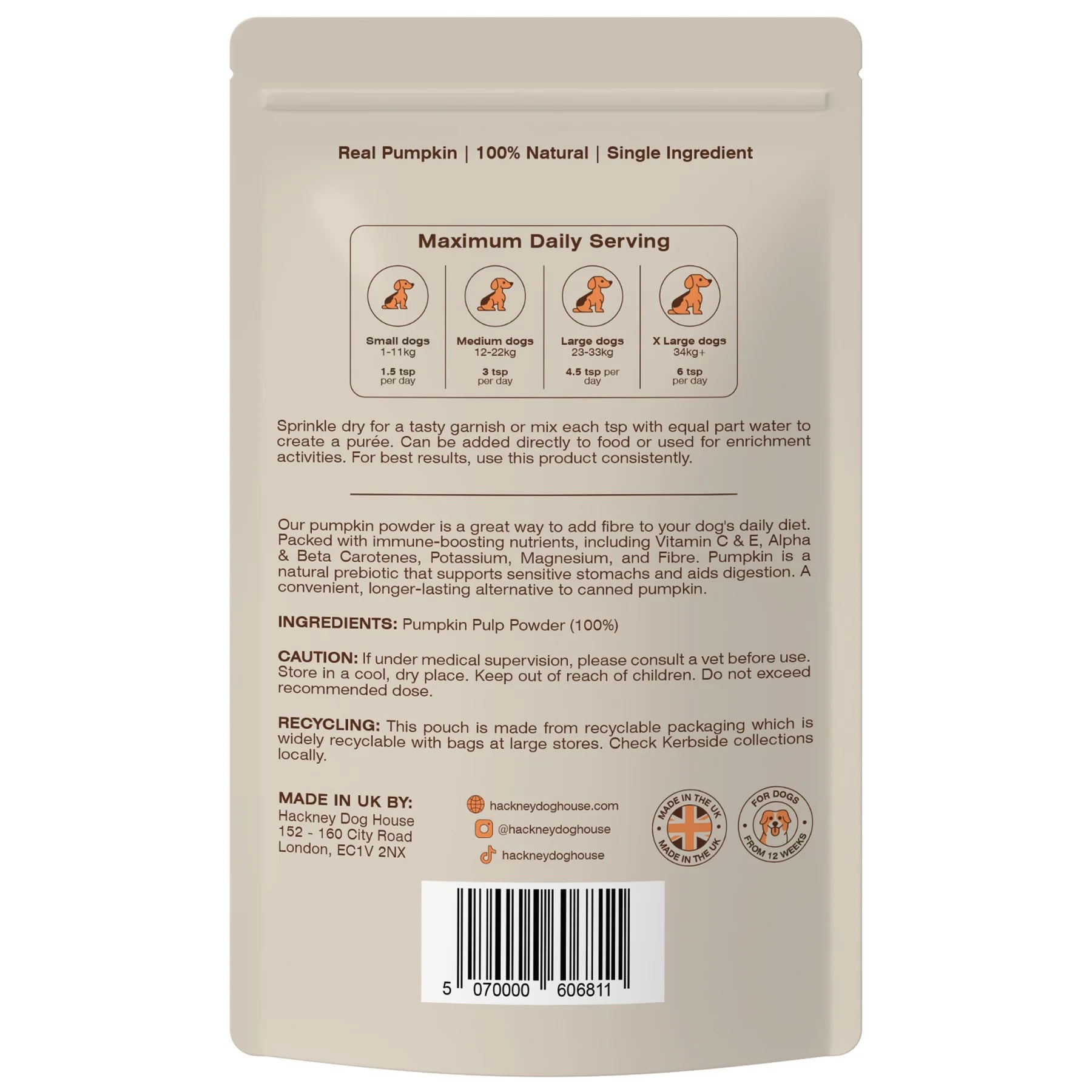Rear view of a packet/pouch of all natural pumkin puree powder for dogs on a plain white background
